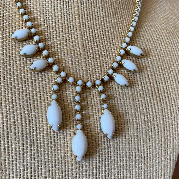 Vintage White Milk Glass Rhinestone Necklace - Picture 2 of 5